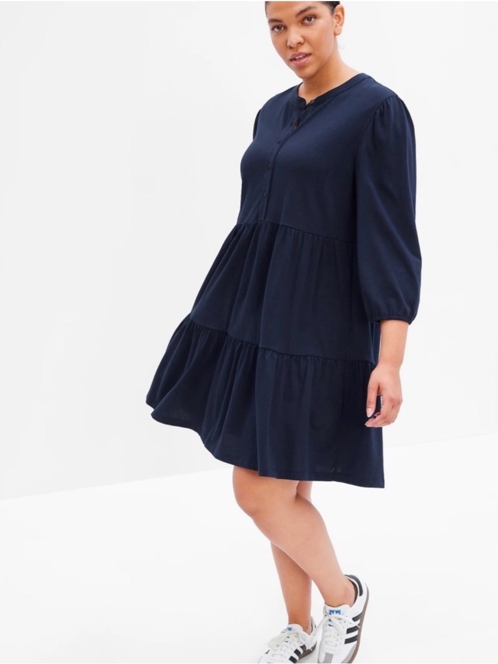 GAP Navy Blue Tiered Button-Front Mini Dress Long Sleeve Size M